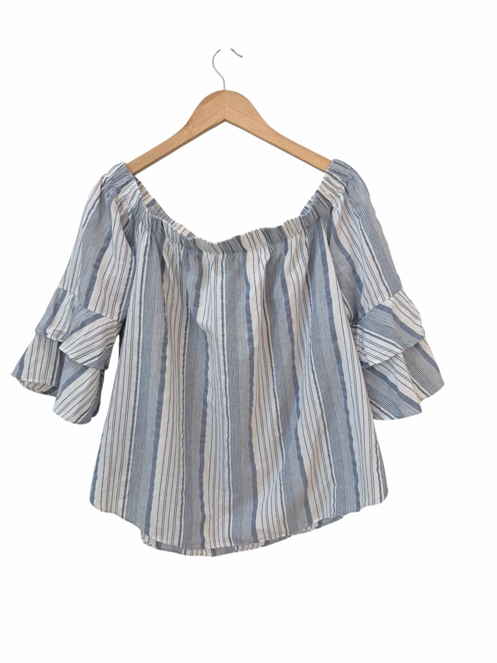 Nouvida 100% Cotton Striped Off-Shoulder Peasant Top - Blue & White